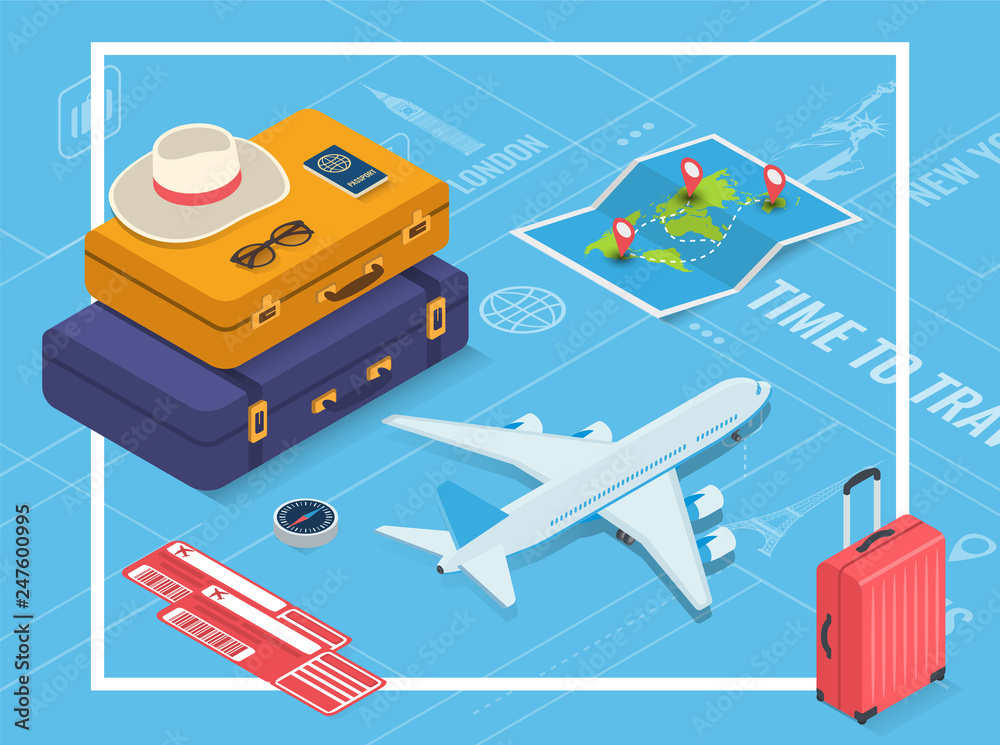 Travel equipment in Isometric style. Travel and tourism concept. Vector