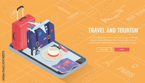 Travel equipment in Isometric style. Travel and tourism concept. Vector