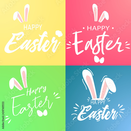 Happy Easter Cartoon Style Vector Card with Bunny Ears, Hand Drawn Calligraphy and Brush Wettering.