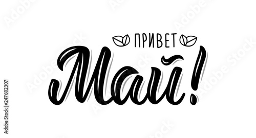 Hello May Russian Trendy hand lettering quote  fashion art print design. Calligraphic russian inscription in black ink. Vector