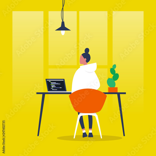 Young female character working on a computer. Programming code. Front end, Back end developer. Flat editable vector illustration, clip art. Millennials at work.
