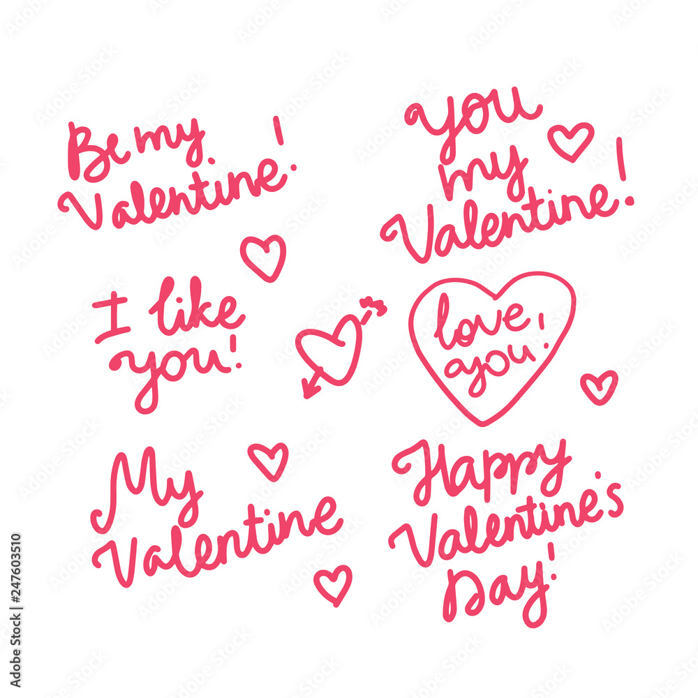 Be my Valentines. I love you Set pink handwritten inscription. Vector isolated Be my Valentines. I love you Set pink handwritten inscription. Vector isolated