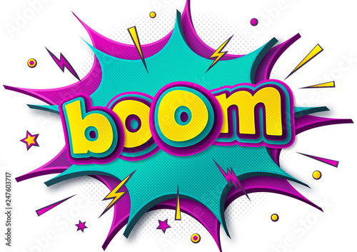 Comic poster: speech bubbles, burst, boom text and sound effect. Colorful funny banner in comics book and pop art style. Cartoon banner with halftone effect. Vector illustration