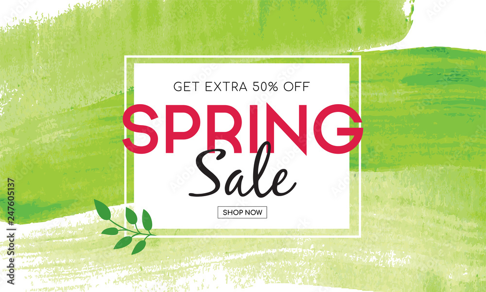Spring sale Banner with green watercolor brush stroke background. Spring sale Vector illustration.