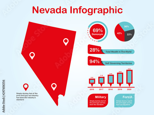 Nevada State (USA) Map with Set of Infographic Elements in Red Color in Light Background. Modern Information Graphics Element for your design.