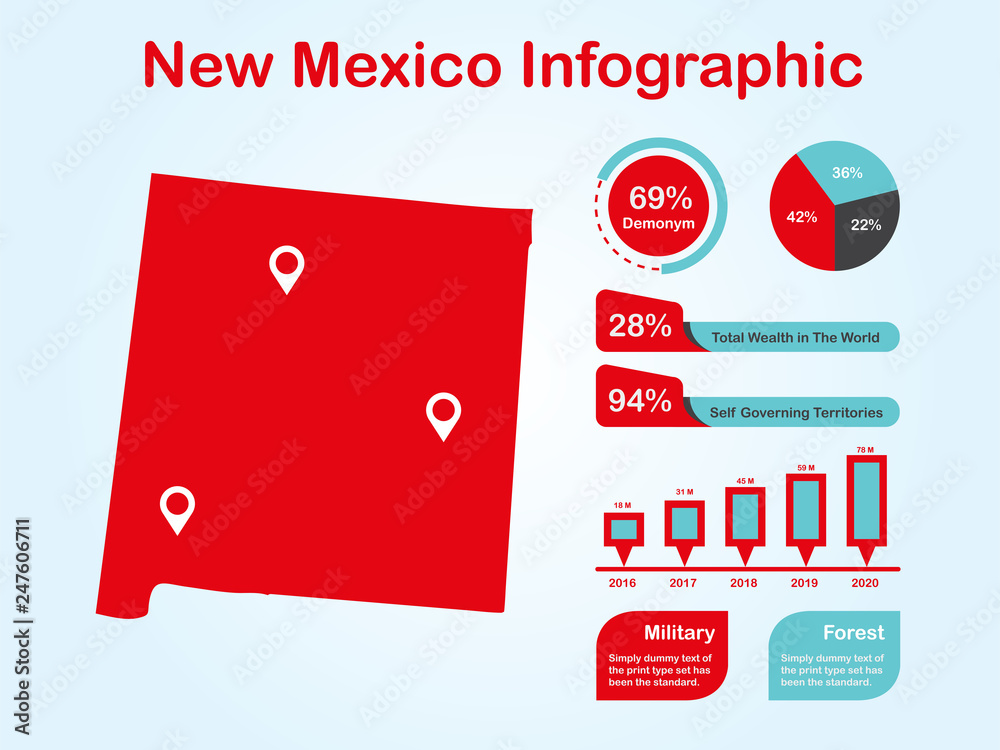 New Mexico State (USA) Map with Set of Infographic Elements in Red Color in Light Background