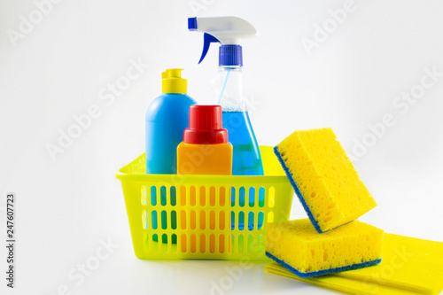 Image close-up detergent. The concept of Service for cleaning apartments and premises, cleanliness. Cleaning dust and dirt in the kitchen, on the floor, Various sanitation items, cleaning tools.