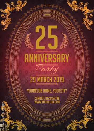 25 years anniversary gold banner framed in a geometric ornament on a luxury ornamental background. Vector design for greeting card and invitation card.