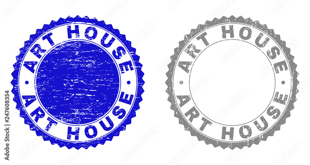 Grunge ART HOUSE stamp seals isolated on a white background. Rosette seals with grunge texture in blue and grey colors. Vector rubber watermark of ART HOUSE text inside round rosette.