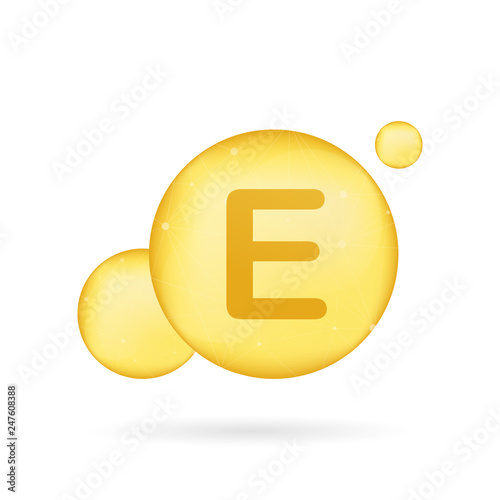 Vitamin E gold shining icon. Ascorbic acid. Vector illustration