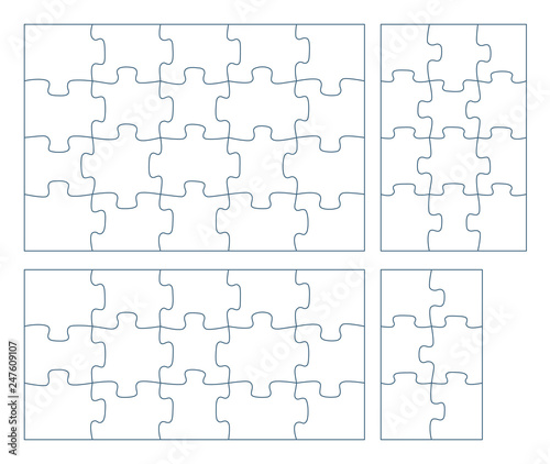 Sets of puzzle pieces vector illustration. 2 x 3, 3 x 4, 3 x 5, 4 x 5 jigsaw game outline pieces picture photo