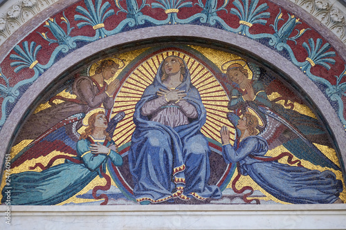 Mosaic by Giuseppe Modena da Lucca, of the Virgin Mary, above the middle door of Cathedral in Pisa, Italy. Unesco World Heritage Site