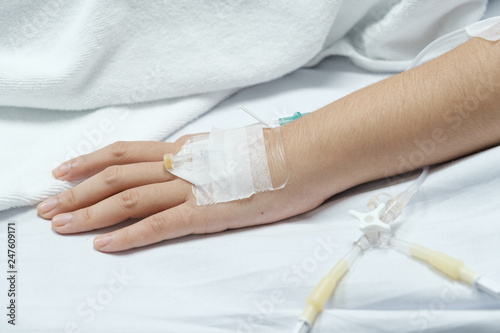 patient hand with saline solution in Intravenous Drip Dropper.