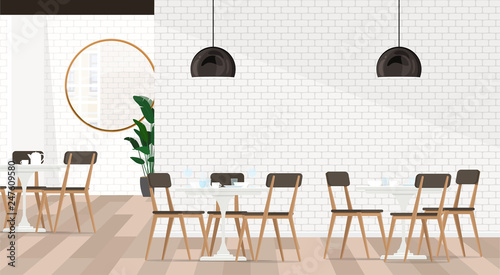 White interior design cafe or restaurant with dining groups. Vector flat illustration.