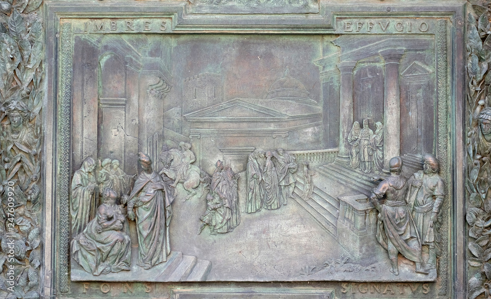 Presentation of the Virgin in the Temple, detail of central bronze door on the right of the Cathedral St. Mary of the Assumption in Pisa, Italy 