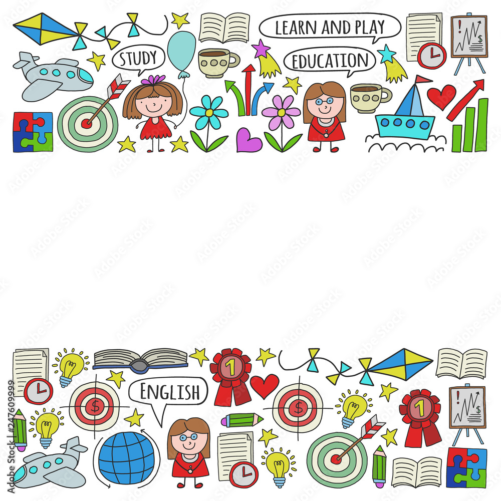 Vector set of learning English language, children's drawing icons in doodle style. Painted, colorful, pictures on a piece of paper on white background. Vector set of learning English language, children's drawing icons in doodle style. Painted, colorful, pictures on a piece of paper on white background.