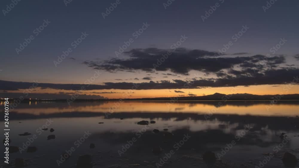 Sunset lake reflections as windmills rotating