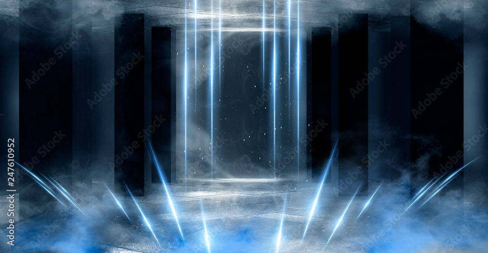 Background of an empty dark corridor with neon light.  Tunnel neon light, underground passage. Abstract background with lines and glow.  Empty room, smoke, smog, neon lights, lanterns.