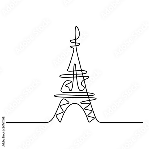 Continuous line drawing.  Eiffel Tower in Paris. Black isolated on white background. Hand drawn illustration. 