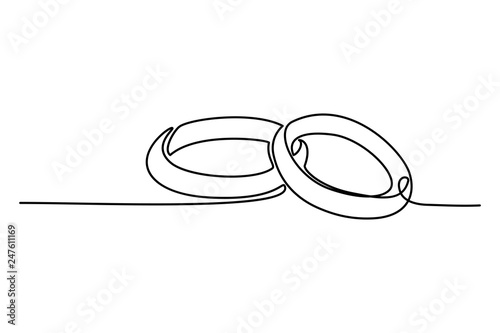 Continuous line drawing. Wedding rings. Template for love cards and invitations. Black isolated on white background. Hand drawn illustration. 