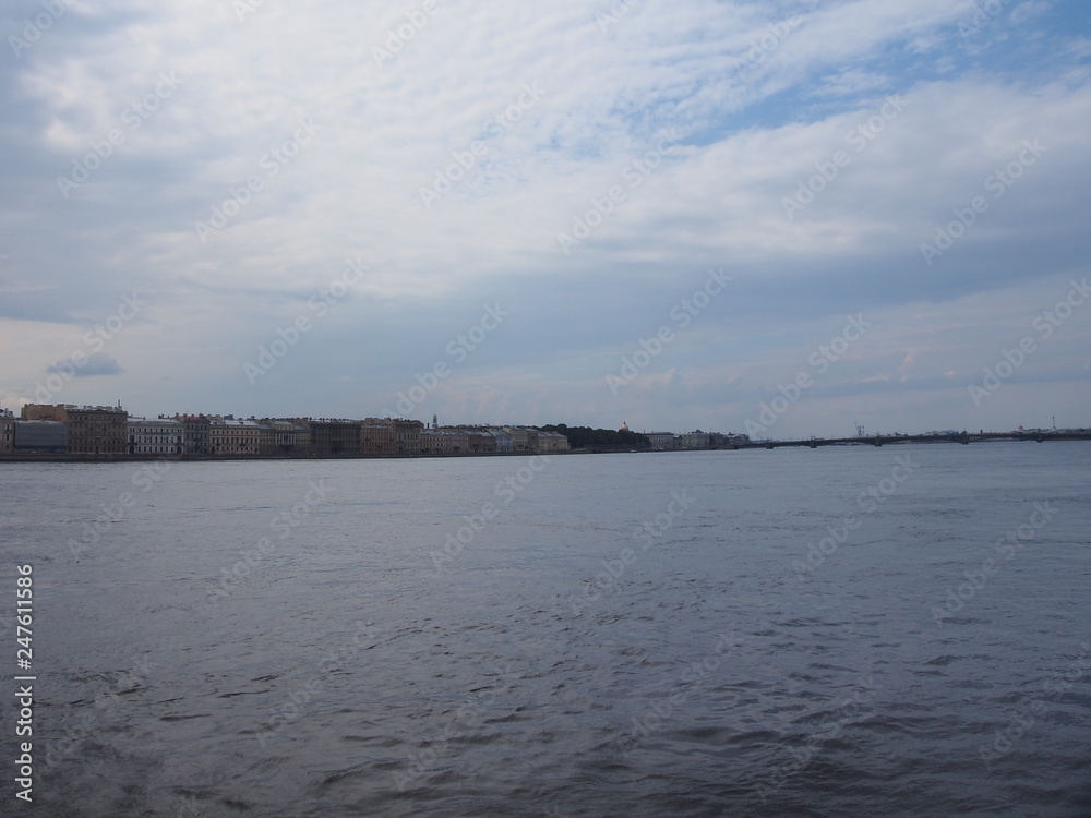 River walk along the Neva river in St. Petersburg by boat.