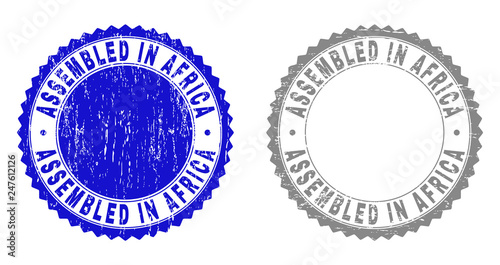 Grunge ASSEMBLED IN AFRICA stamp seals isolated on a white background. Rosette seals with grunge texture in blue and gray colors.