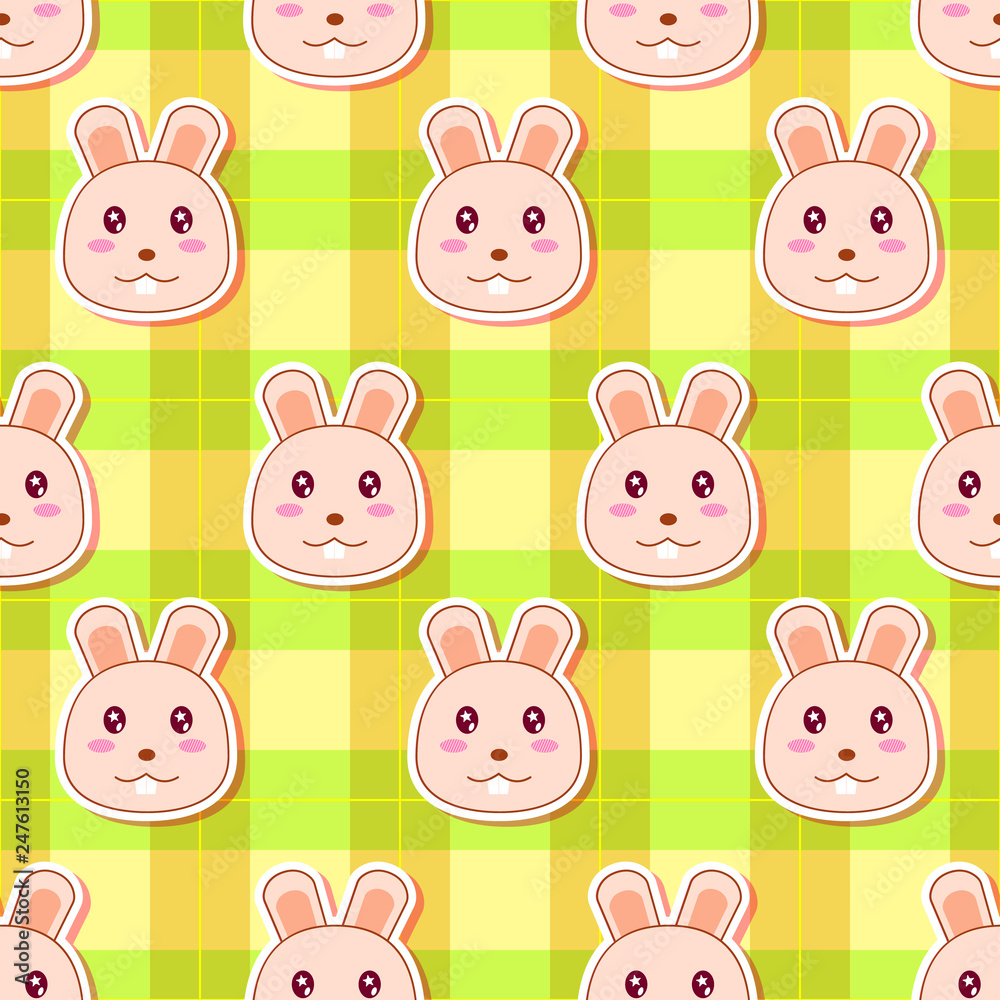 Seamless pattern created by cute little rabbit set in striped green and yellow background