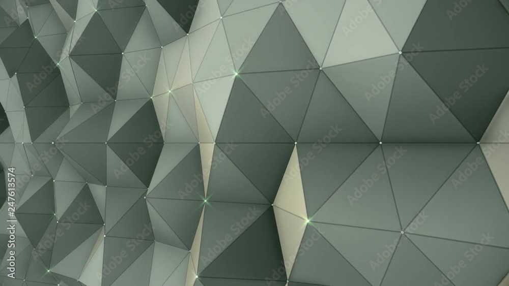 Abstract background with animation moving of dark triangles with glowing dots on their corner as vertex. Technologic backdrop with plastic surface with neon particles. Animation of seamless loop.