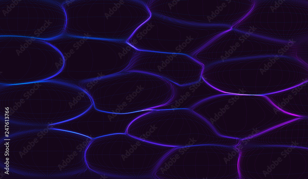 Vector illustration. grid of lines curved in the style of a crow. ultraviolet lines on a black background. Vector illustration. grid of lines curved in the style of a crow. ultraviolet lines on a black background.