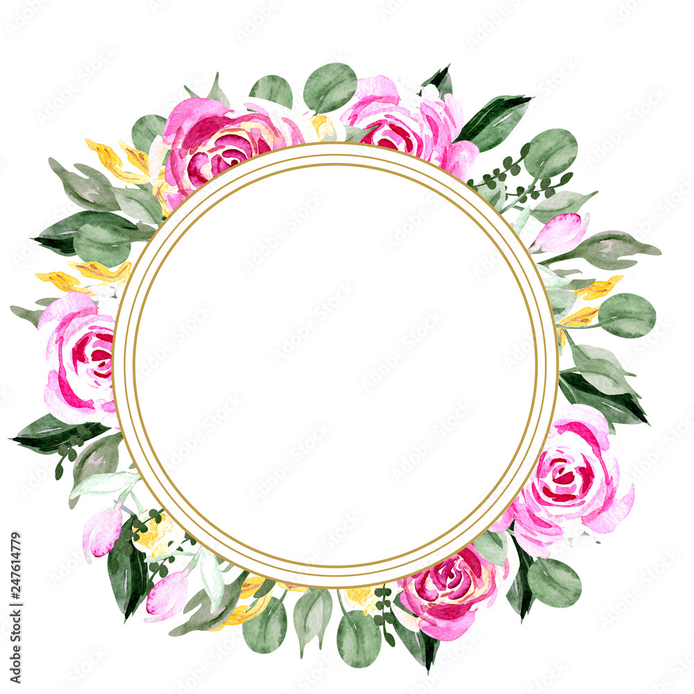 Watercolor vintage card with delicate roses flowers and geometric shapes. Watercolor round frame. Hand painted. Illustration for greeting cards, invitations and other printing projects. 