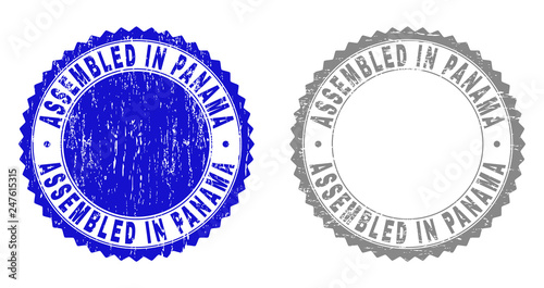 Grunge ASSEMBLED IN PANAMA stamp seals isolated on a white background. Rosette seals with grunge texture in blue and gray colors.