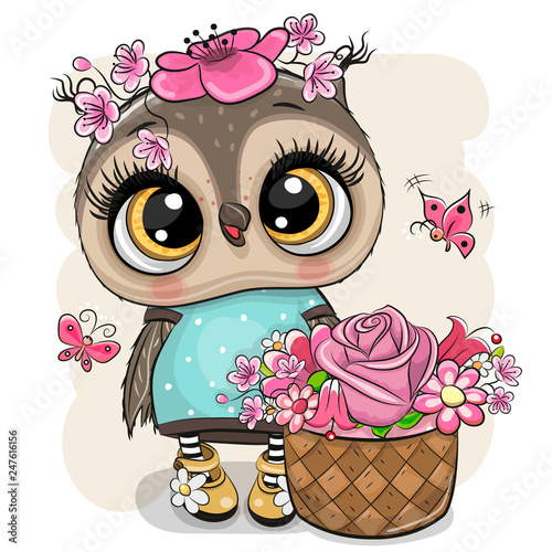 Cartoon Owl with flowers on a white background