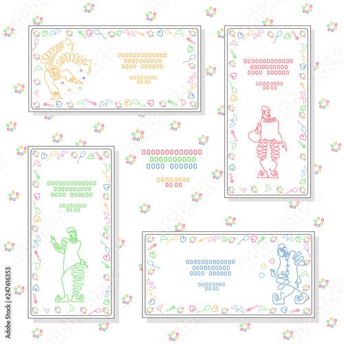 Set. Color linear illustration of clowns and circus attributes. Template of cards.Vector isolated.