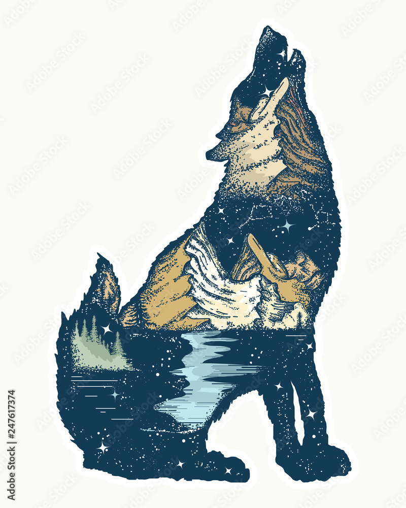Wolf double exposure. Tattoo and t-shirt design. Symbol tourism, travel, adventure, outdoor - obrazy, fototapety, plakaty 