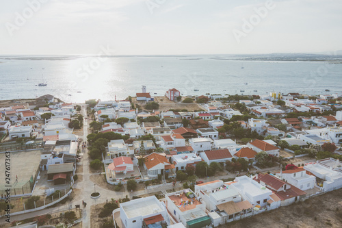Aerial view of the Farol Island beach in  Formosa Estuary, Algarve, Portugal.