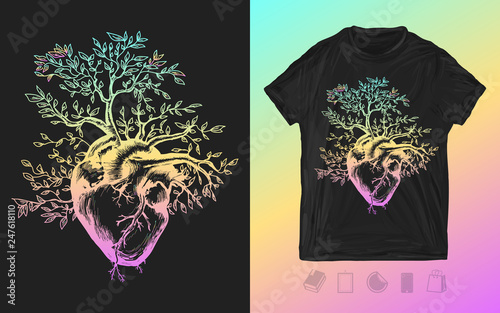 Anatomical heart. Neon print for t-shirts and another, trendy apparel design