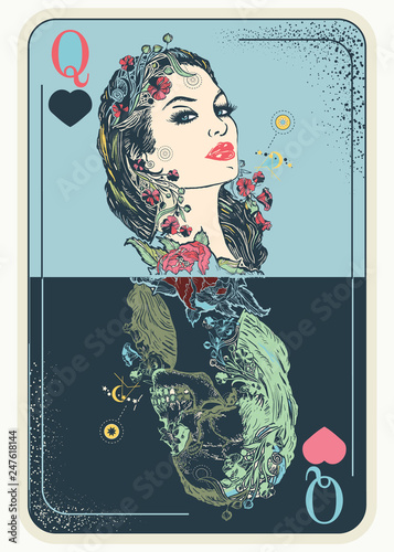 Queen playing card. Tattoo and t-shirt design. Gothic symbol of gamblings, tarot cards, success and defeat, casino, poker