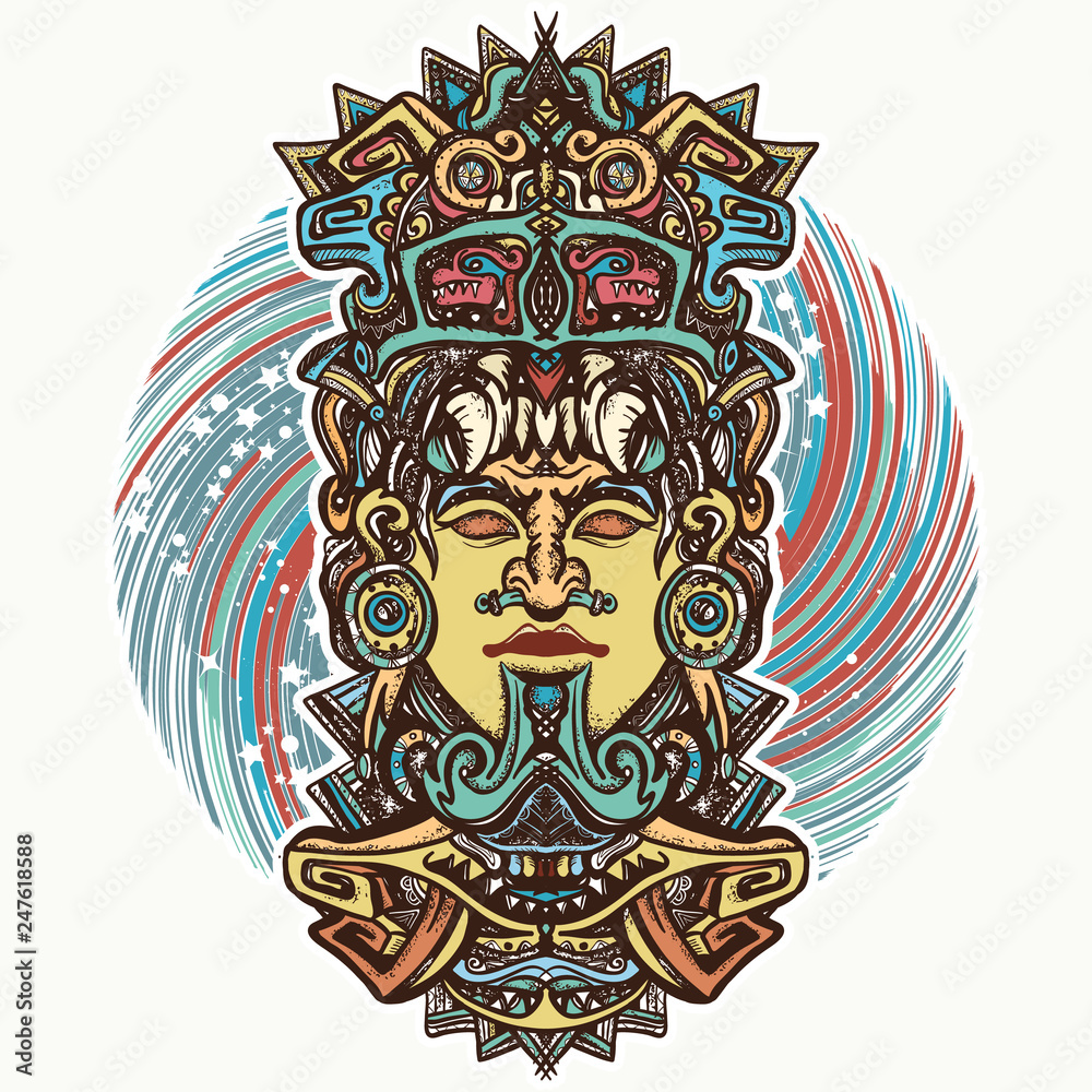 Mayan god. Tattoo and t-shirt design. Ancient aztec totem carved in stone Mayan god. Tattoo and t-shirt design. Ancient aztec totem carved in stone