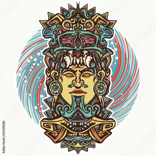 Mayan god. Tattoo and t-shirt design. Ancient aztec totem carved in stone