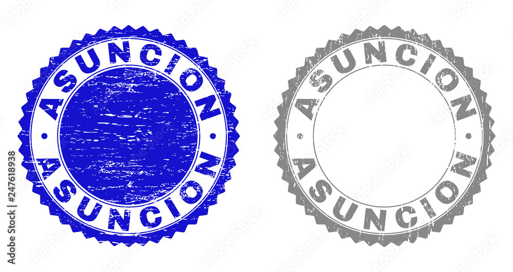 Grunge ASUNCION stamp seals isolated on a white background. Rosette seals with grunge texture in blue and gray colors. Vector rubber imprint of ASUNCION text inside round rosette.
