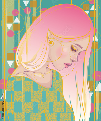  Vector of the profile of a beautiful girl with pink hair and gold earrings, gold paint and brushstrokes