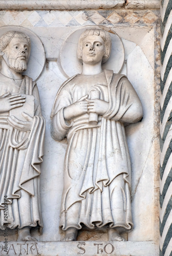 Bas-relief representing the Saint Thomas the Apostle, Cathedral of S.Martino in Lucca, Italy
