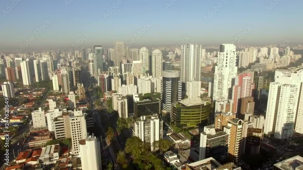 Aerial view of the super crowded, populated, and busy Sao Paulo city in the Brazil showcasing the sea of buildings that characterize its world wide known architecture. Cidade Monçoes district. Aerial view of the super crowded, populated, and busy Sao Paulo city in the Brazil showcasing the sea of buildings that characterize its world wide known architecture. Cidade Monçoes district.