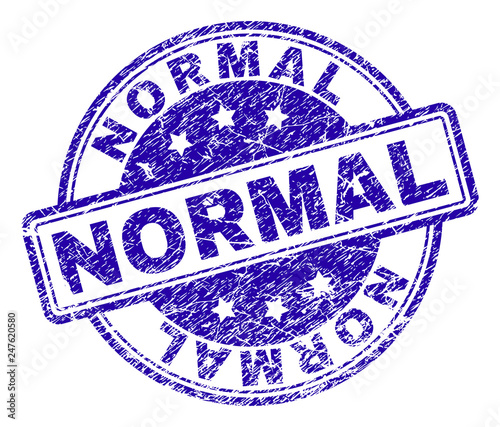 NORMAL stamp seal watermark with distress texture. Designed with rounded rectangles and circles. Blue vector rubber print of NORMAL title with retro texture.