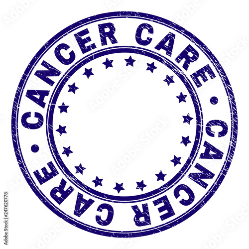 CANCER CARE stamp seal watermark with grunge style. Designed with round shapes and stars. Blue vector rubber print of CANCER CARE text with scratched texture.