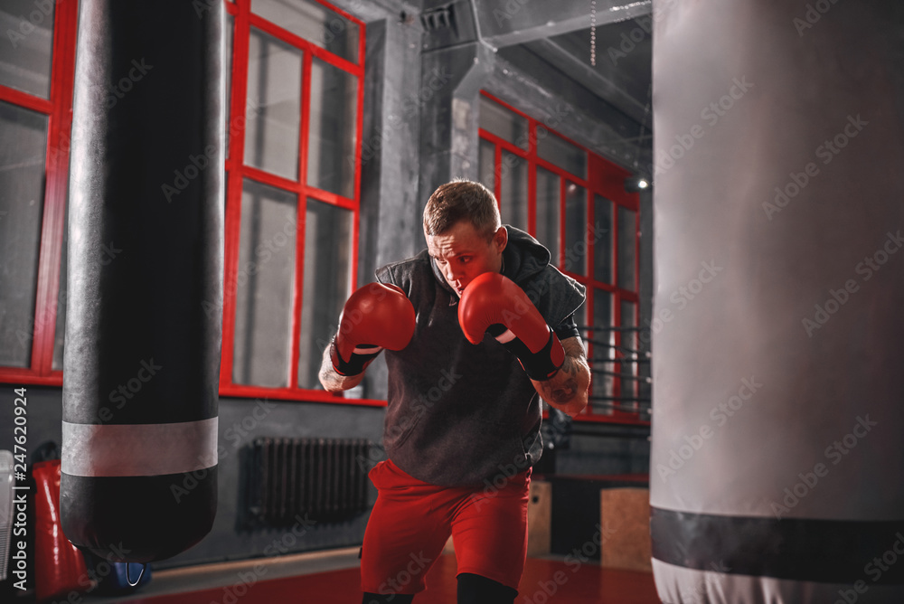 Impossible is Nothing. Muscular sportsman in sport clothing exercising on heavy punch bag before fight in boxing gym