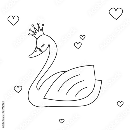 cute lovely black and white princess swan vector illustration for coloring art