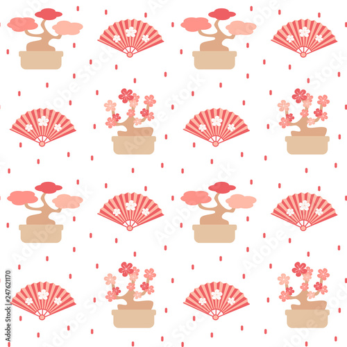 cute lovely seamless vector pattern background illustration with bonsai trees and fans