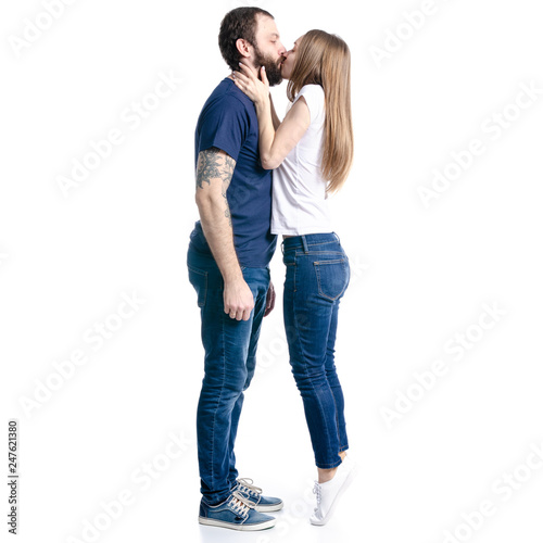 Man and woman couple hug kissing on white background isolation