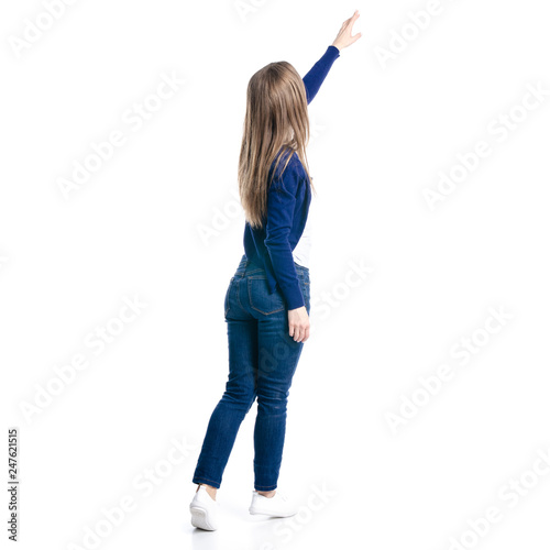 Woman in jeans showing on white background isolation, back view